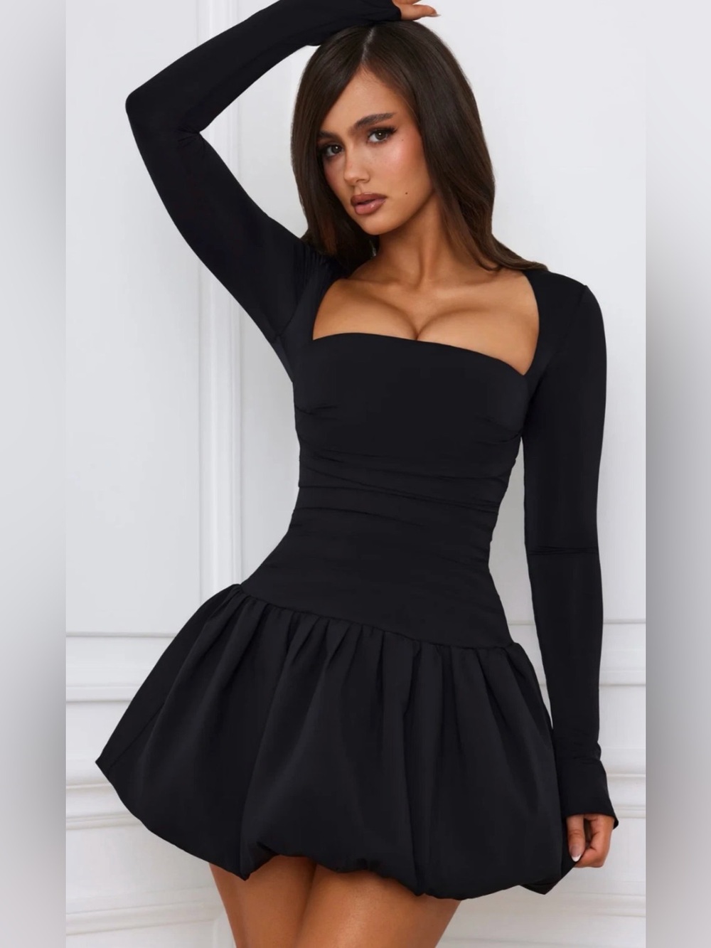 O Polly Viola  Long-Sleeve Bubble Hem Mini Dress in Black
